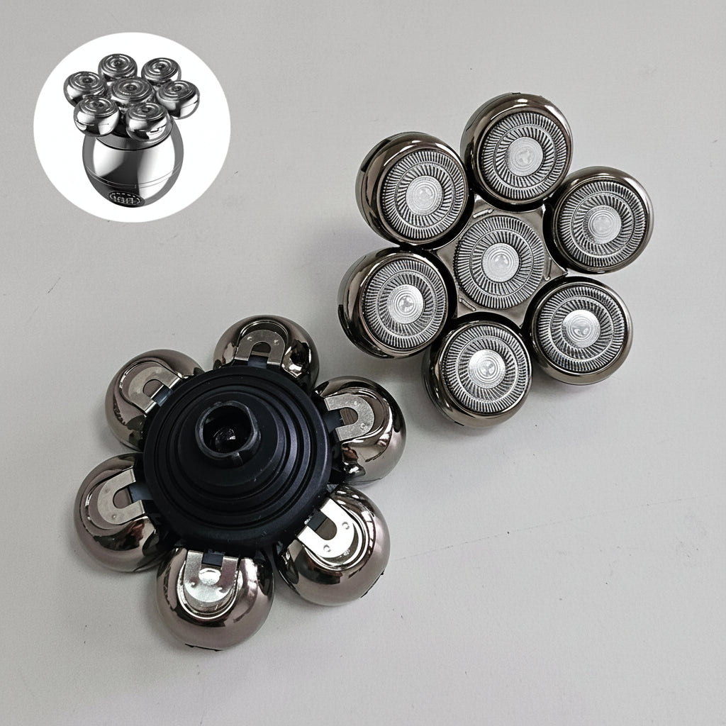 Shaver replacement head with close-up inset on a gray background